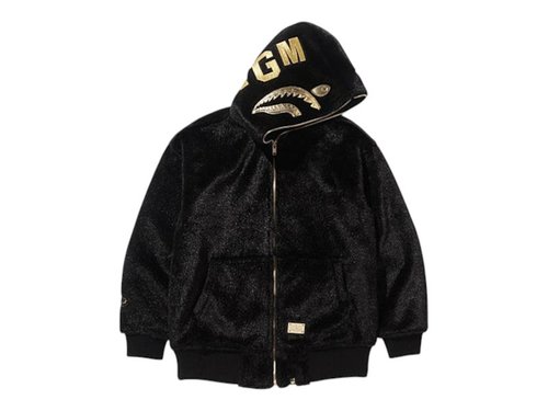 A Bathing Ape Collection & Gold Fur Leather Shark Bomber Jacket - Black
