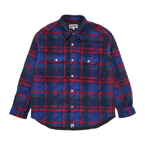 A Bathing Ape Logo Check Pattern Padded Flannel Shirt Jacket - Navy Blue - 1J80-141-059