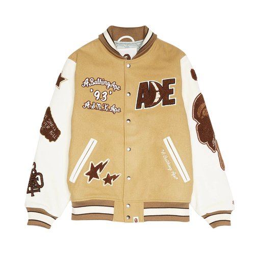 A Bathing Ape Multi Motif Varsity Jacket - Beige - 1J80-141-001