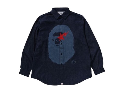 A Bathing Ape Sta Ape Head Relaxed Fit Denim Long-Sleeve Shirt | Size L - Blue/Indigo - 1K22-131-002