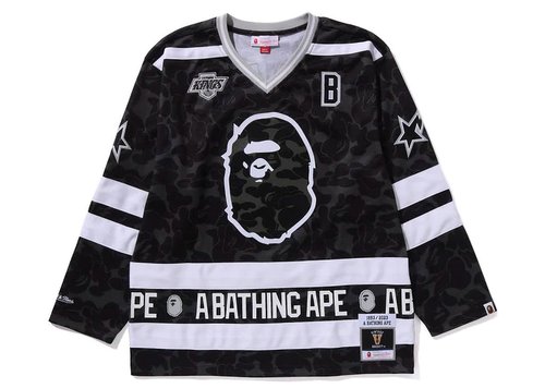 A Bathing Ape x Mitchell & Ness NHL Los Angeles Kings Mesh Hockey Jersey Long Sleeve Tee Shirt - Black