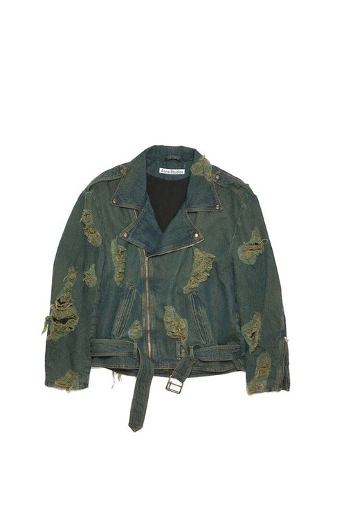 Acne Studios Distressed Denim Biker Jacket - Blue/Green - FN-WN-OUTW000810