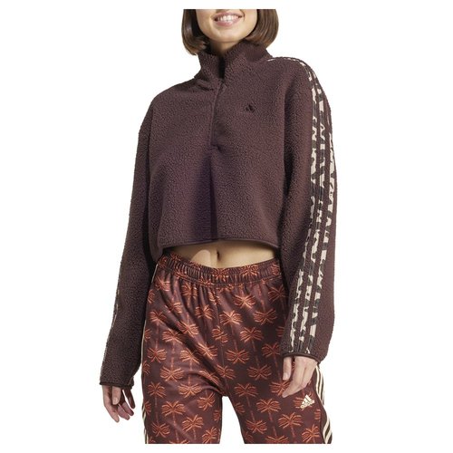 adidas Essentials 3-Stripes Animal Print High Pile Cropped 1/4 Zip Top - Shadow Brown/White - IY5010