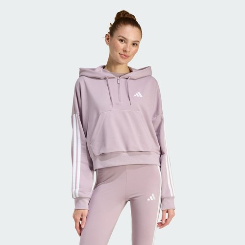 adidas Essentials 3-Stripes French Terry Quarter-Zip Hoodie - Preloved Fig/White - KQ7569