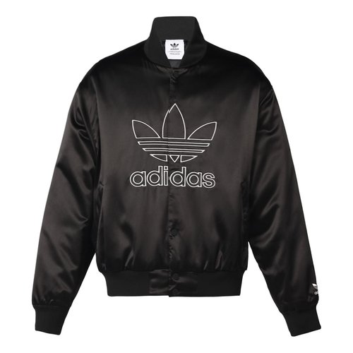adidas Large Logo Embroidered Satin Sports Jacket Autumn - Black - H09165