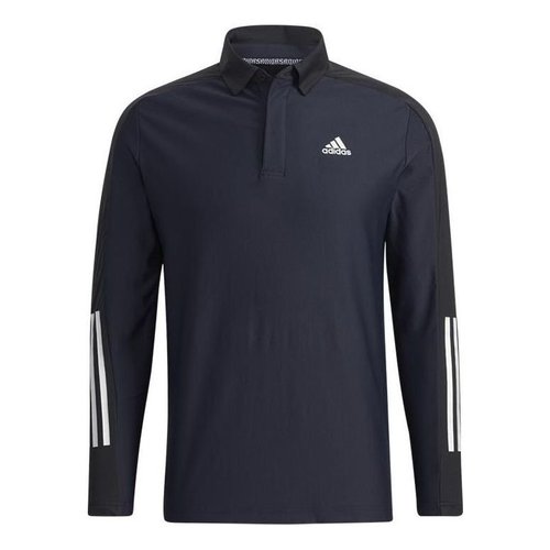 adidas Solid Logo Stripe Fleece Lined Golf Sports Long Sleeves Polo Shirt Black - Multi-Color - GT3424