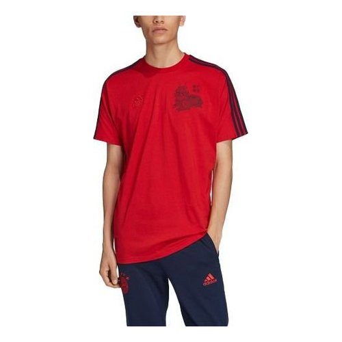 adidas Stripe Logo Embroidered Sports Round Neck Pullover Short Sleeve Bayern Munich Black Red - FI6235
