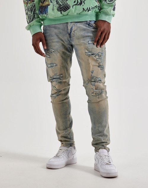 Air Jordan Craig Distressed Slim Denim Jeans - Blue - JS3310-ANTIQUEBLUE