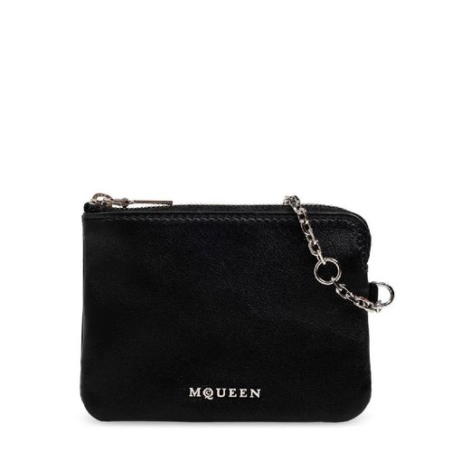 Alexander McQueen Silver Ladies Leather Sling Card Holder - Black/Silver Tone - 8044351T1AN10007.0000X7.0000X3.0000