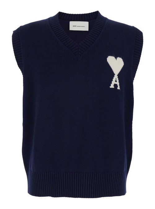 Ami Alexandre Mattiussi Blue V-neck Vest With Logo On The FrOnt In Wool And CottOn Blend Man - UKS860KN0156A116
