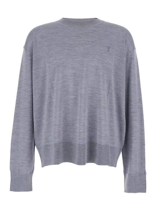 Ami Alexandre Mattiussi Grey Crew Neck Sweater With Embroidered Logo On The FrOnt In Wool Man - HKS834KN0066050