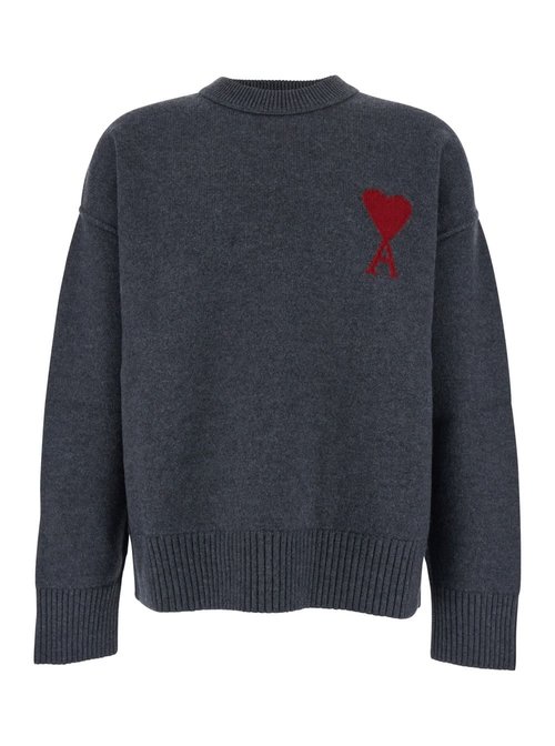 Ami Alexandre Mattiussi Grey Crewneck Sweater With Adc Embroidery On The FrOnt In Wool Man - UKS838018084