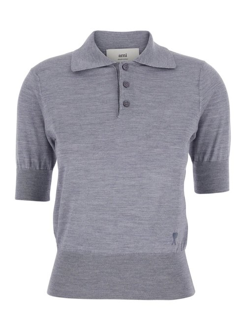 Ami Alexandre Mattiussi Grey Polo Shirt With Classic Collar And Logo Embroidery On The FrOnt In Wool And Silk - F.L412