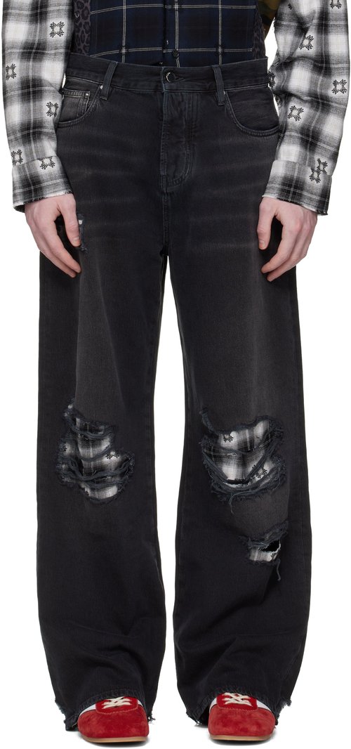 AMIRI Black Flannel Repair Baggy Jeans - Steel Black - AMBMJE1033