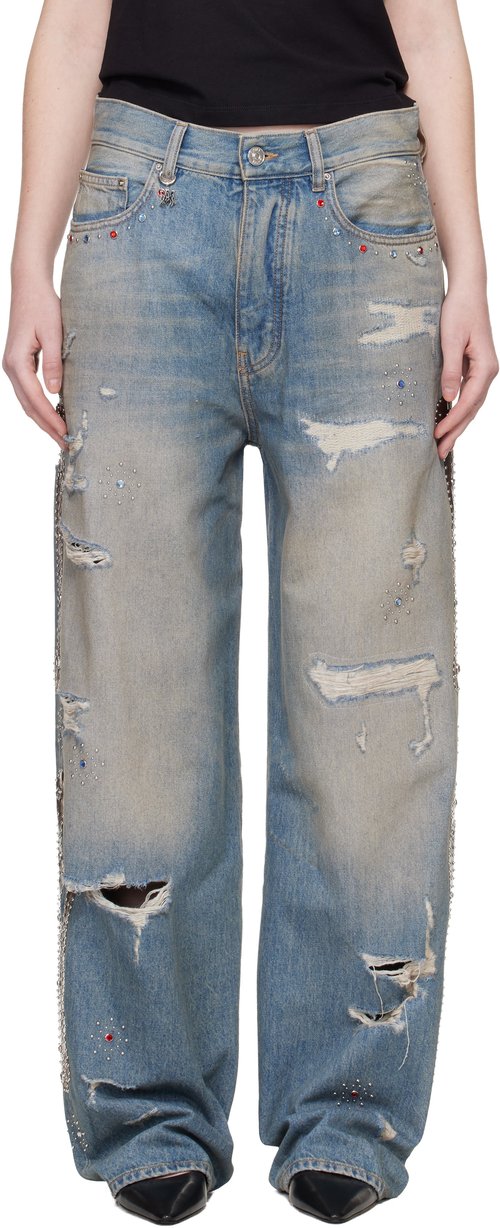 AMIRI Blue Bones Studded Jeans - Antique Blue - AWBMJE1015