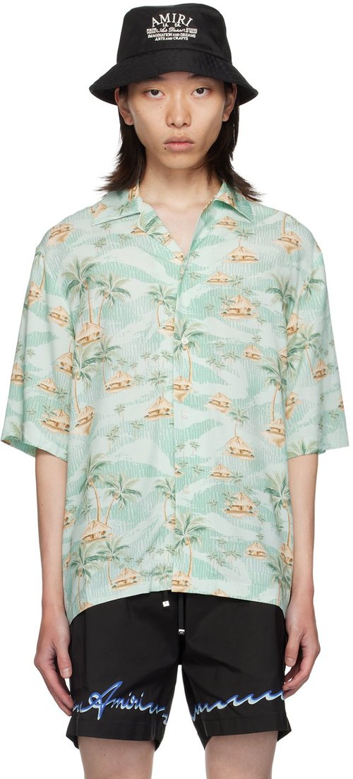 AMIRI Repeat Palm Camp Shirt - Surf Spray - AMSTBW1014