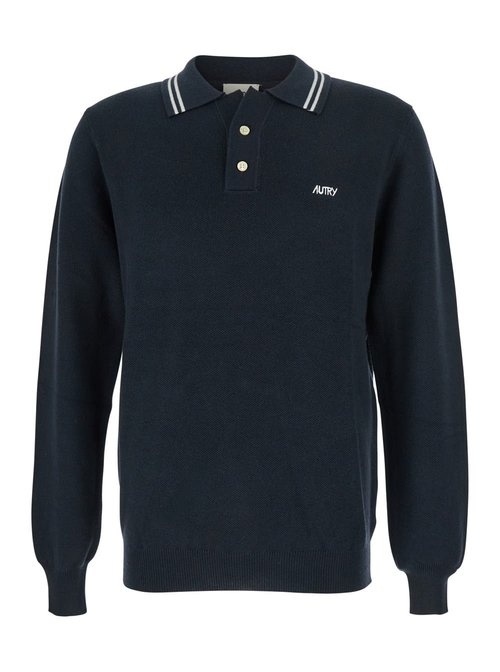 Autry Blue LOng-sleeve Polo Shirt With Striped Collar And Logo Lettering Embroidery On The FrOnt In Wool And CottOn Blend Man - POPXN3KCVORTEX