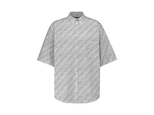 Balenciaga All Over Logo Print Button Up Short Sleeve T-Shirt - Black/White - 647354TKL401070