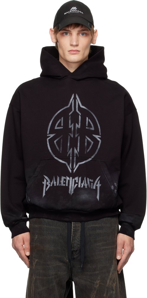 Balenciaga Black Metal BB Stencil Hoodie - Washed Black/White - 767877TQVT39034