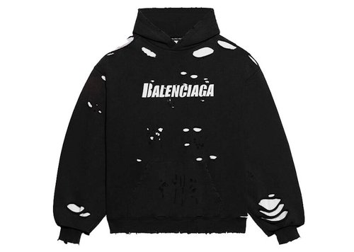 Balenciaga Destroyed Bilayer Cotton Hoodie - Black/White - 659403TKVB61070
