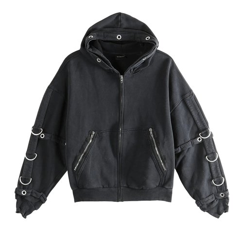 Balenciaga Cargo Zip-Up Hoodie - Faded Washed Black - 858140TSVK61041