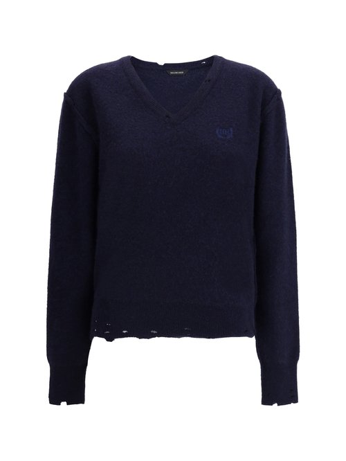 Balenciaga Laurel Classic Inside-Out V-Neck Sweater - Navy - 828163T41498065