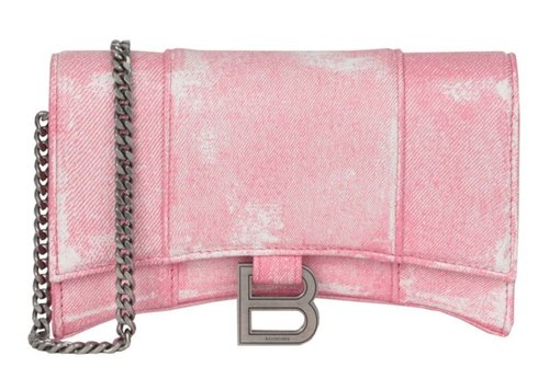 Balenciaga Denim Print Hourglass Wallet On A Chain - Pink