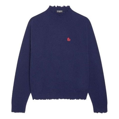 Balenciaga Double B Highneck Wool Knit Sweater - Blue - 682010T16274011