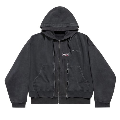 Balenciaga Layered Zipper Hoodie Jacket - Faded Washed Black - 858133TSVE41095