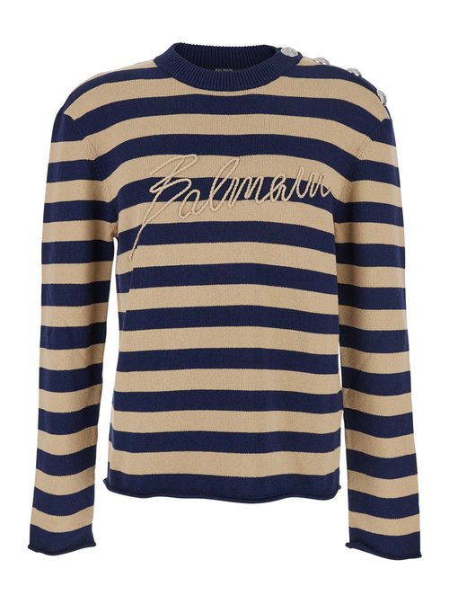 Balmain Blue Crewneck Sweater With Logo Lettering On The FrOnt And All-over Striped Motif In Wool - FH1KD165KI82SOE