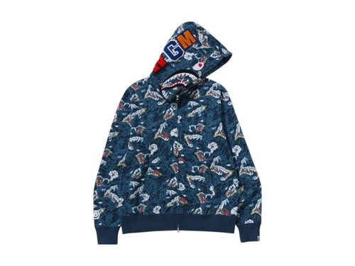 A Bathing Ape Japanese Tattoo Camo Shark Full Zip Hoodie - Black - 1K80-115-007