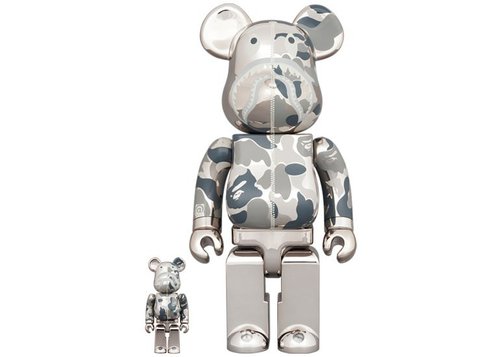 Bearbrick x A Bathing Ape Camo Shark 100% & 400% Set Silver