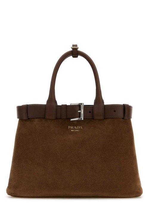 Brown Suede Prada Buckle Medium Handbag - Brown - 1BA434VOBO2C4SF0324