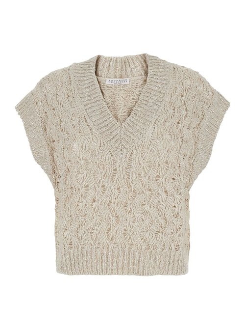 Brunello Cucinelli Beige V-neck Vest With Sequin Detailis In Sil And Linen Blend - MEA371112CLY85