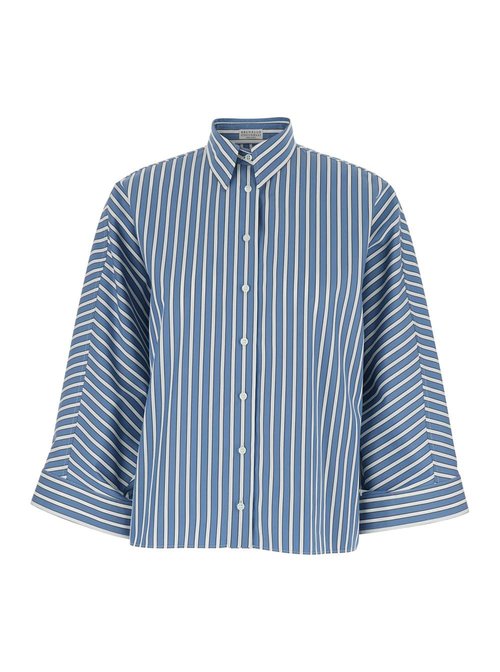 Brunello Cucinelli Blue Oversize Shirt With Monil Detail On The Collar And All-over Striped Motif In Cotton - MH749MX716_C001