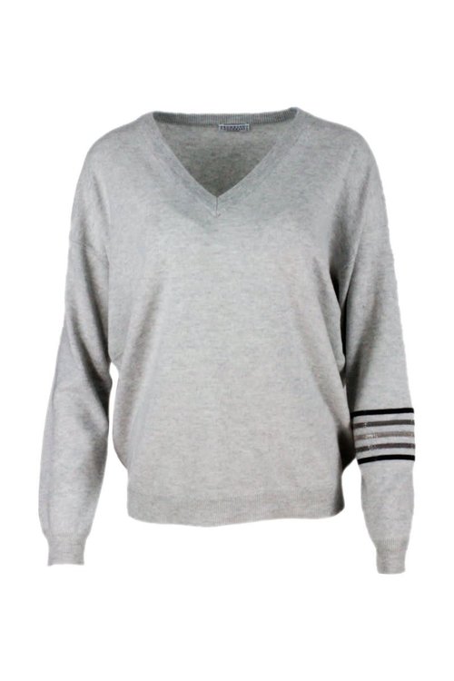 Brunello Cucinelli Cashmere V-neck Sweater With Rows Of Jewels On The Arm - M12172602_C2719
