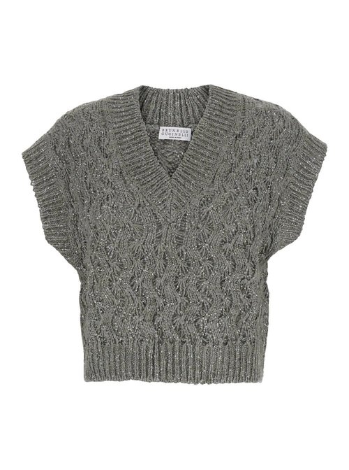 Brunello Cucinelli Grey V-neck Vest With Sequin Details In Silk And Linen Blend - MEA371112C9125