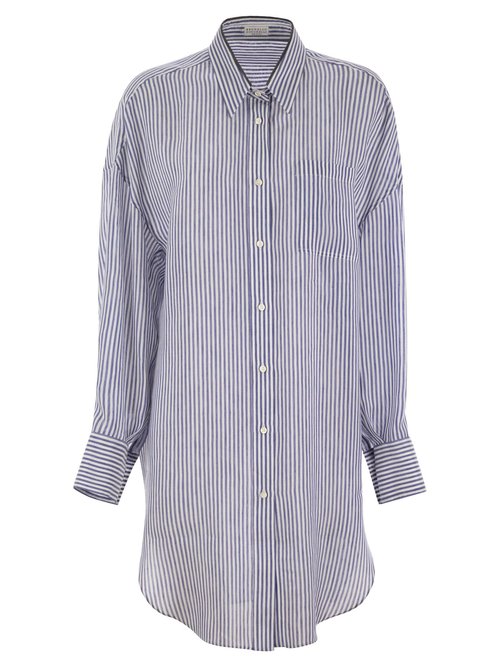 Brunello Cucinelli Linen And Silk Striped Organza Long Shirt With Shiny Collar Detail - MH756NL41_6_C503