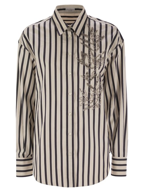 Brunello Cucinelli Regimental Cotton And Silk Poplin Shirt With Glistening Herbarium Embroidery - MH765RJ61_6_C046