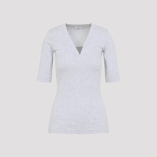 Brunello Cucinelli V-neck Ribbed T-shirt - M0TC8EL692 C8003 SILVER