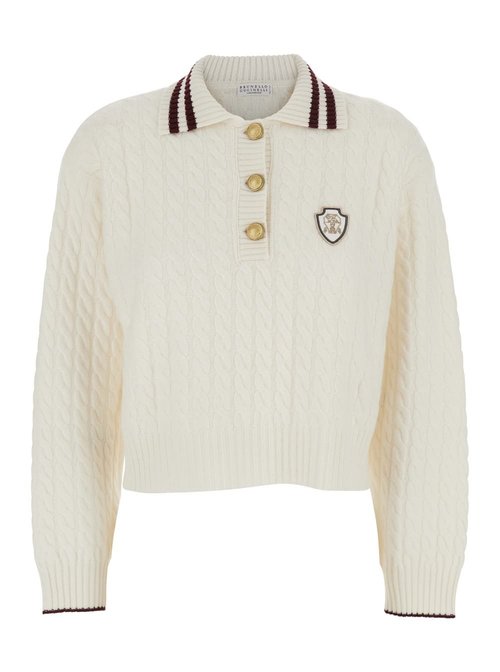 Brunello Cucinelli White Polo Shirt With Classic Collar And Patch Logo On The Front In Cashmere - M12731505CKE22