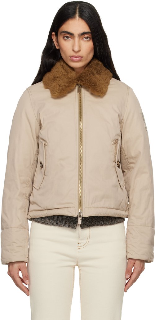 Burberry Beige Shearling Collar Gabardine Down Bomber Jacket - Dune Beige - 8113720