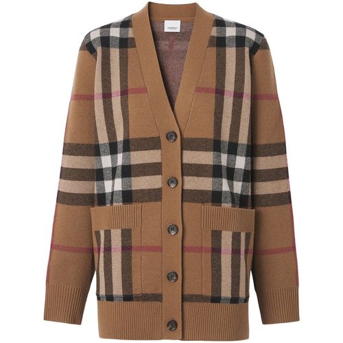 Burberry Check Wool Cashmere Jacquard Cardigan - Birch Brown - 8043372