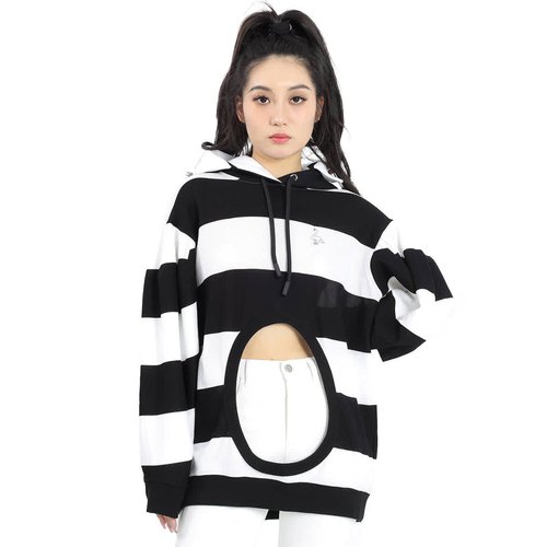 Burberry Cut-out Detail Striped Cotton Hoodie - Black - 4564428