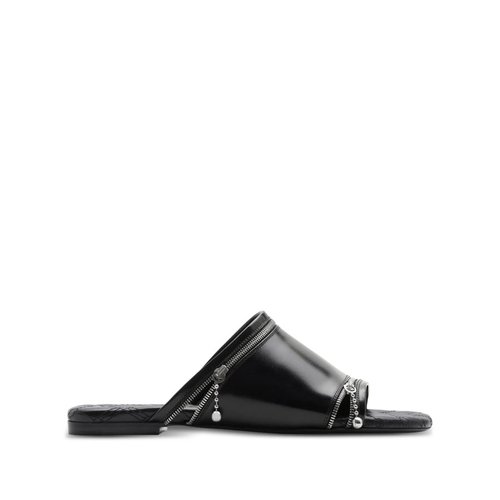 Burberry Decorative-Zip Flat Leather Sandals - Black - 8080270
