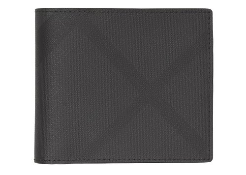 Burberry International Bifold Wallet London Check and Leather 8 Card Slot - Dark Charcoal