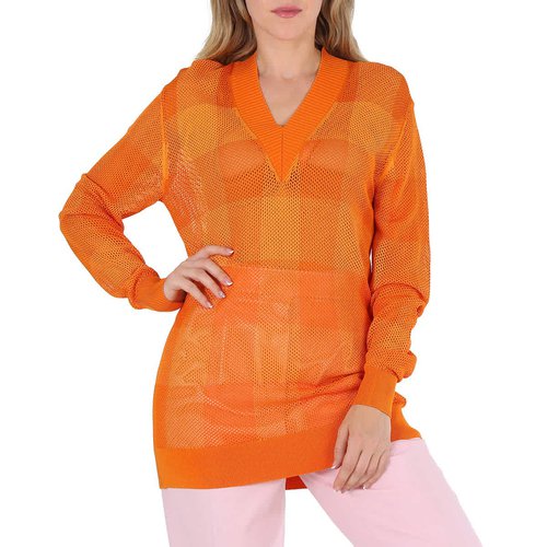 Burberry Ladies Deep Zoie Check Mesh Lace V-Neck Jumper - Orange - 8041344