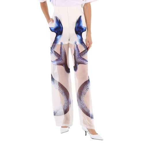 Burberry Ladies Mermaid Tail Print Mulberry Silk Trousers - White - 4567729