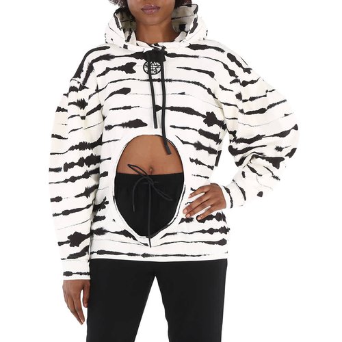 Burberry Ladies Monochrome Cut-out Detail Watercolour Print Cotton Hoodie - Silver Tone - 4563984