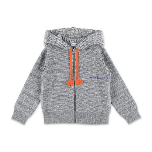 Burberry Logo Embroidered Knitted Drawstring Hoodie - Grey - 8083916